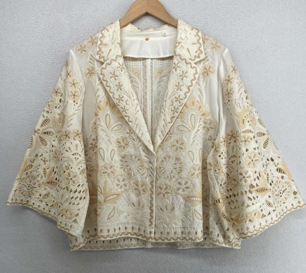 KOBI HALPERIN Blazer XL Floral Embroidered Eyelet Cutout 3/4 Sleeve Off White